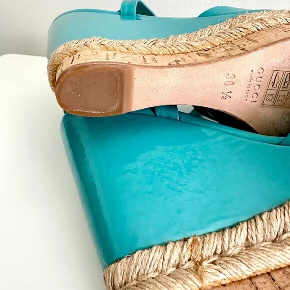 GUCCI Turquoise Patent Leather Espadrille Cork Wedge Sandals Size 38.5 US 8.5 - Picture 8 of 12